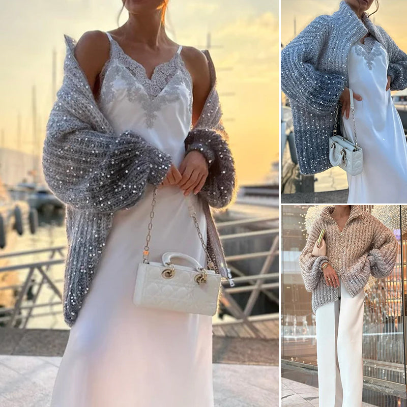 Pulover tricotat cu paiete uni