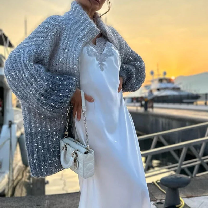 Pulover tricotat cu paiete uni