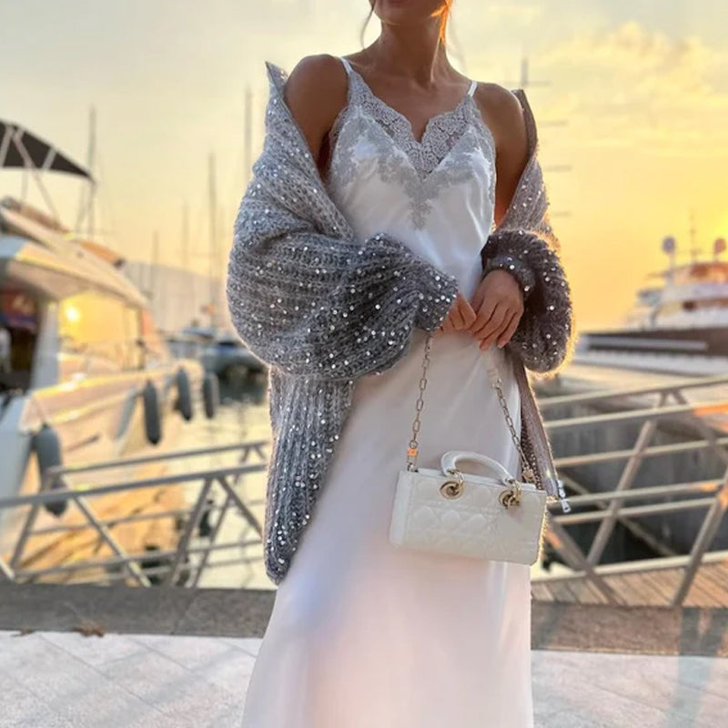 Pulover tricotat cu paiete uni